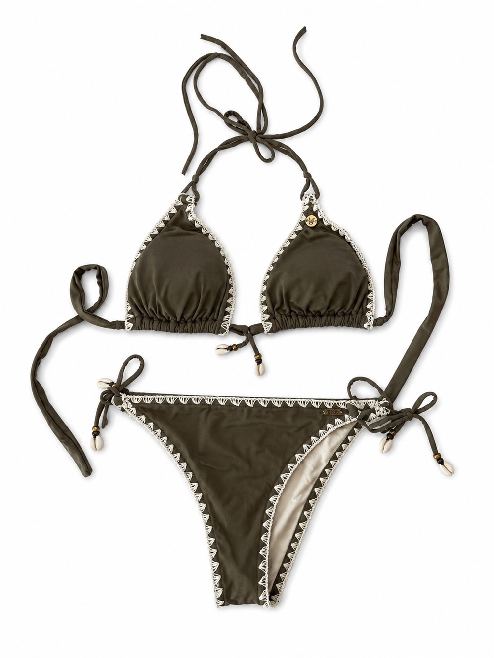 Banana Moon Olive Triangle Bikini with Cream Scallop Trim and Sea Shells Sz 4-6